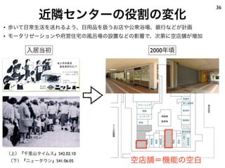 36
         近隣センターの役割の変化
• 歩いて日常生活を送れるよう、日用品を扱うお店や公衆浴場、銀行などが計画
• モータリゼーションや府営住宅の風呂場の設置などの影響で、次第に空店舗が増加

      入居当初                  2000年頃




（上）『千里山タイムス』S42.02.10
（下）『ニュータウン』S41.06.05    空店舗＝機能の空白
 