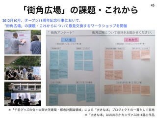 45
    「街角広場」の課題・これから
2012月10月、オープン11周年記念行事において、
「街角広場」の課題・これからについて意見交換するワークショップを開催




 ＊「千里グッズの会＋大阪大学建築・都市計画論領域」による「大きな本」プロジェクトの一貫として実施
                          ＊「大きな本」はおおさかカンヴァス2011選出作品
 
