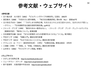 51
                 参考文献・ウェブサイト
■参考文献
• 五十嵐太郎 大川信行（2002）『ビルディングタイプの解剖学』王国社 2002年
• 直田春夫（2008）「市民の力と都市戦略」・『地方自治職員研修』第41巻 No.1 通巻567号
• 立川弥生子ほか（2004）「「ひがしまち街角広場」を支える人々による口述からみた、生きられた千里ニュ
 ータウン」・『日本建築学会近畿支部研究報告集』pp49-52
• ジャック・デリダ（1999）「歓待の歩み＝歓待はない」・ジャック・デリダ アンヌ・デュフールマンテル
 （廣瀬浩司訳）『歓待について』産業図書
• 日本建築学会編（2010）『まちの居場所−まちの居場所をみつける／つくる』東洋書店
• 平田オリザ（1998）『演劇入門』講談社現代新書
• 平田オリザ（2012）『わかりあえないことから』講談社現代新書
• クラレンス・A・ペリー（倉田和四生訳）（1975）『近隣住区論』鹿島出版会 1975年
• 三浦展（1999）『「家族」と「幸福」の戦後史』講談社現代新書
• 山本哲士（2006）『ホスピタリティ原論』新曜社


■ウェブサイト
• ひがしまち街角広場 http://e-machikado.jimdo.com/
• ニュータウン・スケッチ http://senri.xii.jp/newtown-sketch
• 新千里東町 大阪府豊中市自治会 http://e-senri.jp/index.shtml
 