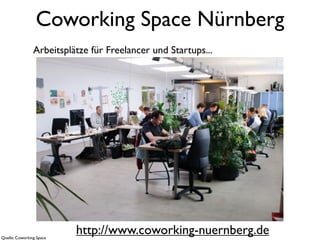 Coworking Space Nürnberg
                Arbeitsplätze für Freelancer und Startups...




Quelle: Coworking Space
                          http://www.coworking-nuernberg.de
 