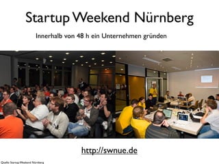 Startup Weekend Nürnberg
                         Innerhalb von 48 h ein Unternehmen gründen




                                       http://swnue.de
Quelle: Startup Weekend Nürnberg
 