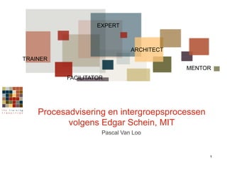 EXPERT



                              ARCHITECT
TRAINER
                                          MENTOR
          FACILITATOR




    Procesadvisering en intergroepsprocessen
           volgens Edgar Schein, MIT
                    Pascal Van Loo



                                               1
 