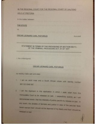 Full affidavit by Oscar Pistorius in Pretoria