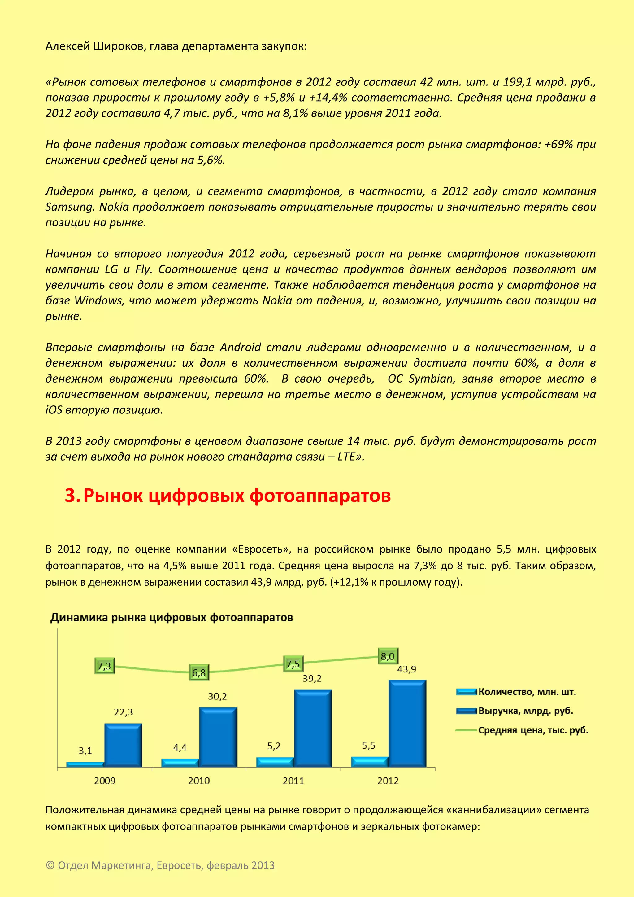 Алексей Широков, глава департамента закупок:

«Рынок сотовых телефонов и смартфонов в 2012 году составил 42 млн. шт. и 199,1 млрд. руб.,
показав приросты к прошлому году в +5,8% и +14,4% соответственно. Средняя цена продажи в
2012 году составила 4,7 тыс. руб., что на 8,1% выше уровня 2011 года.

На фоне падения продаж сотовых телефонов продолжается рост рынка смартфонов: +69% при
снижении средней цены на 5,6%.

Лидером рынка, в целом, и сегмента смартфонов, в частности, в 2012 году стала компания
Samsung. Nokia продолжает показывать отрицательные приросты и значительно терять свои
позиции на рынке.

Начиная со второго полугодия 2012 года, серьезный рост на рынке смартфонов показывают
компании LG и Fly. Соотношение цена и качество продуктов данных вендоров позволяют им
увеличить свои доли в этом сегменте. Также наблюдается тенденция роста у смартфонов на
базе Windows, что может удержать Nokia от падения, и, возможно, улучшить свои позиции на
рынке.

Впервые смартфоны на базе Android стали лидерами одновременно и в количественном, и в
денежном выражении: их доля в количественном выражении достигла почти 60%, а доля в
денежном выражении превысила 60%. В свою очередь, ОС Symbian, заняв второе место в
количественном выражении, перешла на третье место в денежном, уступив устройствам на
iOS вторую позицию.

В 2013 году смартфоны в ценовом диапазоне свыше 14 тыс. руб. будут демонстрировать рост
за счет выхода на рынок нового стандарта связи – LTE».


   3. Рынок цифровых фотоаппаратов

В 2012 году, по оценке компании «Евросеть», на российском рынке было продано 5,5 млн. цифровых
фотоаппаратов, что на 4,5% выше 2011 года. Средняя цена выросла на 7,3% до 8 тыс. руб. Таким образом,
рынок в денежном выражении составил 43,9 млрд. руб. (+12,1% к прошлому году).




Положительная динамика средней цены на рынке говорит о продолжающейся «каннибализации» сегмента
компактных цифровых фотоаппаратов рынками смартфонов и зеркальных фотокамер:


© Отдел Маркетинга, Евросеть, февраль 2013
 