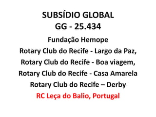 SUBSÍDIO GLOBAL
         GG - 25.434
         Fundação Hemope
Rotary Club do Recife - Largo da Paz,
 Rotary Club do Recife - Boa viagem,
Rotary Club do Recife - Casa Amarela
   Rotary Club do Recife – Derby
     RC Leça do Balio, Portugal
 