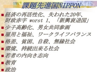 課題先進国NIPPON
 経済の再活性化、失われた20年、
  財政赤字 worst 1、「新興衰退国」
 少子高齢化、男女共同参画
 雇用と福祉、ワークライフバランス
 格差、貧困、自殺、無縁社会
 環境、持続出来る社会
 若者の内向き志向
 教育
 政治
 