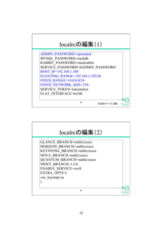 13	
localrcの編集（1）	
ADMIN_PASSWORD=openstack
MYSQL_PASSWORD=stackdb
RABBIT_PASSWORD=stackrabbit
SERVICE_PASSWORD=$ADMIN_PASSWORD
HOST_IP=192.168.1.100
FLOATING_RANGE=192.168.1.192/26
FIXED_RANGE=10.0.0.0/24
FIXED_NETWORK_SIZE=256
SERVICE_TOKEN=tokentoken
FLAT_INTERFACE=br100
25	
※次のページに続く	
localrcの編集（2）	
GLANCE_BRANCH=stable/essex
HORIZON_BRANCH=stable/essex
KEYSTONE_BRANCH=stable/essex
NOVA_BRANCH=stable/essex
QUANTUM_BRANCH=stable/essex
SWIFT_BRANCH=1.4.8
ENABLE_SERVICE=swift
EXTRA_OPTS=(
vnc_keymap=ja
)	
26	
 