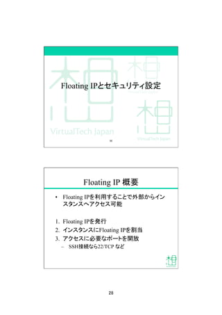 28	
Floating IPとセキュリティ設定	
55	
Floating IP 概要	
•  Floating IPを利用することで外部からイン
スタンスへアクセス可能
1.  Floating IPを発行
2.  インスタンスにFloating IPを割当
3.  アクセスに必要なポートを開放
–  SSH接続なら22/TCP など
 