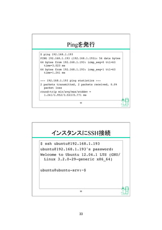 33	
Pingを発行	
$ ping 192.168.1.193!
PING 192.168.1.193 (192.168.1.193): 56 data bytes!
64 bytes from 192.168.1.193: icmp_seq=0 ttl=63
time=3.023 ms!
64 bytes from 192.168.1.193: icmp_seq=1 ttl=63
time=1.241 ms!
--- 192.168.1.193 ping statistics ---!
2 packets transmitted, 2 packets received, 0.0%
packet loss!
round-trip min/avg/max/stddev =
1.241/1.952/3.023/0.771 ms	
65	
インスタンスにSSH接続	
$ ssh ubuntu@192.168.1.193!
ubuntu@192.168.1.193's password: !
Welcome to Ubuntu 12.04.1 LTS (GNU/
Linux 3.2.0-29-generic x86_64)!
ubuntu@ubuntu-srv:~$ !
66	
 