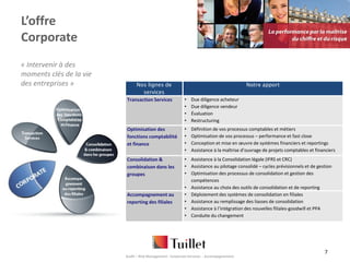 L’offre
Corporate
« Intervenir à des
moments clés de la vie
des entreprises »            Nos lignes de                                                Notre apport
                                services
                         Transaction Services             •   Due diligence acheteur
                                                          •   Due diligence vendeur
                                                          •   Évaluation
                                                          •   Restructuring
                         Optimisation des                 •   Définition de vos processus comptables et métiers
                         fonctions comptabilité           •   Optimisation de vos processus – performance et fast close
                         et finance                       •   Conception et mise en œuvre de systèmes financiers et reportings
                                                          •   Assistance à la maîtrise d’ouvrage de projets comptables et financiers
                         Consolidation &                  • Assistance à la Consolidation légale (IFRS et CRC)
                         combinaison dans les             • Assistance au pilotage consolidé – cycles prévisionnels et de gestion
                         groupes                          • Optimisation des processus de consolidation et gestion des
                                                            compétences
                                                          • Assistance au choix des outils de consolidation et de reporting
                         Accompagnement au                • Déploiement des systèmes de consolidation en filiales
                         reporting des filiales           • Assistance au remplissage des liasses de consolidation
                                                          • Assistance à l’intégration des nouvelles filiales-goodwill et PPA
                                                          • Conduite du changement




                                                                                                                              7
                         Audit – Risk Management - Corporate Services - Accompagnement.
 