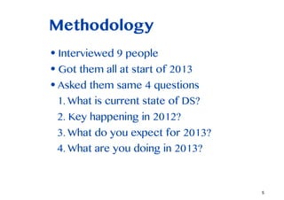 Methodology
? Interviewed 9 people
? Got them all at start of 2013
? Asked them same 4 questions
 1. What is current state of DS?
 2. Key happening in 2012?
 3. What do you expect for 2013?
 4. What are you doing in 2013?



                                   5
 