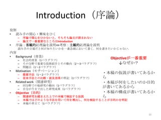 Introduction（序論）
役割
• 読み手の関心・興味をひく
    –   序論で関心をひかないと，そもそも論文が読まれない
    –   論文で一番重要なところはIntroduction
•   序論：客観的に理論を説明⇔考察：主観的に理論を説明
    読み手の立場だと何が知りたいかを一番念頭において書く．何を書きたいかじゃない．
内容
• Background（背景）
    –   社会的背景（1パラグラフ）
                                        Objectiveが一番重要
    –   その分野で重要な技術紹介とその動向（2～3パラグラフ）         ↓なぜか？
    –   問題点（1～2パラグラフ）
•   Motivation（モチベーション）
    –   提案手法（1～2パラグラフ）
                                      ・本稿の仮説が書いてあるか
    –   従来手法との比較・波及効果の明記（1パラグラフ）      ら
•   Related work（関連研究）                ・本稿が何をしたいのか目的
    –   同分野での他研究の動向（1パラグラフ）
    –   自分が今まで出した研究成果（1パラグラフ）
                                      が書いてあるから
•   Objective（目的）                     ・本稿の構成が書いてあるか
    –   関連研究を踏まえた上での本稿で検証する仮説         ら
    –   本稿ではどのような手法を用いて何を導出し，何を検証することが目的かを明記
    –   本稿の章立て（1パラグラフ）


                                                         10
 