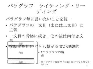 パラグラフ ライティング・リー
     ディング
パラグラフ毎に言いたいことを統一
• パラグラフの一文目（または二文目）に
  主張
• 一文目の骨格に続き，その後は肉付き文
  章
    主張
• 接続詞を用いずとも繋がる文が理想的
   内容    1パラグラフの構
         成
   主張    ※パラグラフ最後の「主張」は合ってもなくて
         もいい                19
 