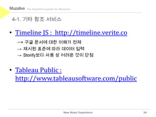 Muzalive   The Social Ecosystem for Musician



 4-1. 기타 참조 서비스

• Timeline JS : http://timeline.verite.co
   → 구글 문서에 대한 이해가 전제
   → 제시된 표준에 따라 데이터 입력
   → Storify보다 사용 상 어려운 것이 단점


• Tableau Public :
  http://www.tableausoftware.com/public



                                      New Music Experience   34
 