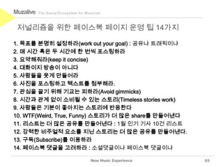 Muzalive   The Social Ecosystem for Musician



 저널리즘을 위한 페이스북 페이지 운영 팁 14가지

1. 목표를 분명히 설정하라(work out your goal) : 공유냐 트래픽이냐
2. 매 시간 혹은 두 시간에 한 번씩 포스팅하라
3. 요약해줘라(keep it concise)
4. 대화이지 방송이 아니다
5. 사람들을 웃게 만들어라
6. 사진을 포스팅하고 텍스트를 첨부해라.
7. 관심을 끌기 위해 기교는 피하라(Avoid gimmicks)
8. 시간과 관계 없이 소비될 수 있는 스토리(Timeless stories work)
9. 사람들은 기분이 좋아지는 스토리에 반응한다
10. WTF(Weird, True, Funny) 스토리가 더 많은 share를 만들어낸다
11. 리스트는 더 많은 공유를 만들어낸다 : 1월 인기 기사 10건 리스트
12. 강력한 비주얼적 요소를 지닌 스토리는 더 많은 공유를 만들어낸다.
13. 구독(Subscribe)를 이용하라
14. 페이스북 댓글을 고려하라 : 소셜댓글이냐 페이스북 댓글이냐

                                      New Music Experience   65
 