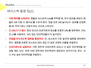 Muzalive   The Social Ecosystem for Musician



    페이스북 활용 팁(2)

•   어떤 행위를 요청하라. 팬들은 포스트에 Like를 부탁할 때, 하지 않았을 때보다 팬
    들은 3배 가량 더 '좋아요'를 누르게 된다. 댓글 또한 3배 늘어난다. 공유를 요청했
    을 때, 무려 7배나 그렇게 하는 것으로 나타났다.

•   긴 URL이 더 좋다. 항상 당신의 프로덕트에 링크를 포함한 URL를 첨부해라. 대신
    긴 url를 사용하라. 16% 정도 인터액션율이 더 높아진다.

•   댓글을 유도하도록 질문을 활용하라. 단, 포스트의 가장 말미에 질문을 배치해야
    한다. 질문을 포함한 포스트는 92% 정도 더 높은 코멘트 비율을 유발한다.

•   이모티콘으로 실험하라. 어떤 경우에 이모티콘은 52%나 더 높은 인터액션을 제
    공할 때도 있다. 반면 어떤 경우에선 인터액션이 평균보다 낮아지기도 한다. :D
    나 :P는 높은 인터액션을 유발한다.



                                      New Music Experience   67
 