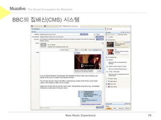 Muzalive   The Social Ecosystem for Musician



 BBC의 집배신(CMS) 시스템




                                      New Music Experience   70
 