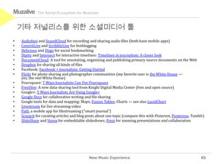Muzalive     The Social Ecosystem for Musician



    기타 저널리스를 위한 소셜미디어 툴
•   Audioboo and SoundCloud for recording and sharing audio files (both have mobile apps)
•   CoveritLive and ScribbleLive for liveblogging
•   Delicious and Diigo for social bookmarking
•   Dipity and Intersect for interactive timelines: Timelines in journalism: A closer look
•   DocumentCloud: A tool for annotating, organizing and publishing primary source documents on the Web
•   Dropbox for sharing all kinds of files
•   Facebook: Facebook + Journalists: Getting Started
•   Flickr for photo sharing and photographer communities (my favorite user is the White House —
    yes, the real White House)
•   Foursquare: 7 Ways Journalists Can Use Foursquare
•   FreeDive: A new data-sharing tool from Knight Digital Media Center (free and open source)
•   Google+: 5 Ways Journalists Are Using Google+
•   Google Docs for collaborative writing and file sharing
•   Google tools for data and mapping: Maps, Fusion Tables, Charts — see also LucidChart
•   Livestream for live streaming video
•   Path, a mobile app for lifestreaming (“smart journal”)
•   Scoop.it for curating articles and blog posts about one topic (compare this with Pinterest, Posterous, Tumblr)
•   SlideShare and Vuvox for embeddable slideshows; Prezi for zooming presentations and collaboration




                                            New Music Experience                                                85
 