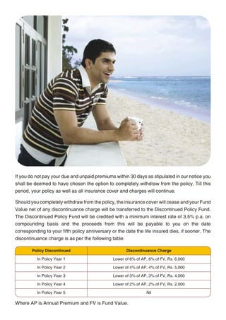 Under the Single-Pay Option                     Under the 5-Pay Option

 Gender      Age 25     Age 35     Age 45     Age 55     Age 25     Age 35     Age 45      Age 55

 Male         9.831     13.177     26.625     65.333     2.570       3.510     7.340       17.710

 Female       9.616     11.447     20.676     49.629     2.510       3.020     5.670       13.680

Sample rates are provided for your reference. Please visit our website or ask your financial
advisor for the rates applicable to you.

Miscellaneous Charges

We currently charge 50 per request for premium re-direction, fund switch and partial
withdrawal. We do however reserve the right to charge up to 500 per request in the future. We
presently charge 100 per policy revival. We may increase this charge in the future subject to a
maximum of 1,000 per revival. Any increase in the miscellaneous charges will be subject to
IRDA approval.

Service Tax

Service Tax and other levies, as applicable, will be extra and levied as per the extant tax laws.

IRDA Approval

Only when specified and within stated limits, we may increase a particular charge at any time in
the future. We, however, need to get prior approval from the IRDA before such charge increase
is effective. Otherwise, all other charges in this policy are guaranteed to never increase during
the tenure of the policy.                                                                             If you do not pay your due and unpaid premiums within 30 days as stipulated in our notice you
                                                                                                      shall be deemed to have chosen the option to completely withdraw from the policy. Till this
          TERMS AND CONDITIONS                                                                        period, your policy as well as all insurance cover and charges will continue.

                                                                                                      Should you completely withdraw from the policy, the insurance cover will cease and your Fund
Free-Look Period                                                                                      Value net of any discontinuance charge will be transferred to the Discontinued Policy Fund.
You will have the right to return your policy to us within 15 days from the date of receipt of the    The Discontinued Policy Fund will be credited with a minimum interest rate of 3.5% p.a. on
policy, in case you are not satisfied with the terms & conditions of your policy. We will pay the     compounding basis and the proceeds from this will be payable to you on the date
Fund Value plus all charges levied till date (excluding the fund management charge) once we           corresponding to your fifth policy anniversary or the date the life insured dies, if sooner. The
receive your written notice of cancellation (along with reasons thereof) together with the original   discontinuance charge is as per the following table:
policy documents. Depending on our then current administration rules, we may reduce the
                                                                                                              Policy Discontinued                            Discontinuance Charge
amount of the refund by expenditures incurred by us in issuing your policy and as permitted by
the IRDA and in accordance to IRDA (Protection of Policyholders Interest) Regulations, 2002.                    In Policy Year 1                      Lower of 6% of AP, 6% of FV, Rs. 6,000

                                                                                                                In Policy Year 2                      Lower of 4% of AP, 4% of FV, Rs. 5,000
Policy Discontinuance
                                                                                                                In Policy Year 3                      Lower of 3% of AP, 3% of FV, Rs. 4,000
For the 5-Pay option, you are given a grace period of 30-days to pay the due premium. If we do
                                                                                                                In Policy Year 4                      Lower of 2% of AP, 2% of FV, Rs. 2,000
not receive your full premium by the end of the grace period, we shall send you a reminder
                                                                                                                In Policy Year 5                                       Nil
notice within 15 days to revive the policy by paying your due and unpaid premium or to choose
to withdraw from the policy completely.                                                               Where AP is Annual Premium and FV is Fund Value.




                                                  14                                                                                             15
 