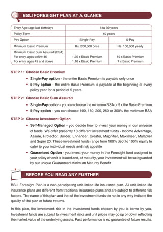 BSLI FORESIGHT PLAN AT A GLANCE

                                                                                                      Entry Age (age last birthday)                                  8 to 60 years
                                                                                                      Policy Term                                                      10 years
                                                                                                      Pay Option                                     Single-Pay                         5-Pay
                                                                                                      Minimum Basic Premium                       Rs. 200,000 once                Rs. 100,000 yearly
                                                                                                      Minimum Basic Sum Assured (BSA)
                                                                                                      For entry ages below 45                   1.25 x Basic Premium              10 x Basic Premium
                                                                                                      For entry ages 45 and above               1.10 x Basic Premium              7 x Basic Premium


                                                                                                     STEP 1: Choose Basic Premium
                                                                                                               • Single-Pay option - the entire Basic Premium is payable only once
                                                                                                               • 5-Pay option - the entire Basic Premium is payable at the beginning of every
                                                                                                                    policy year for a period of 5 years

                                                                                                     STEP 2: Choose Basic Sum Assured
                                                                                                               • Single-Pay option - you can choose the minimum BSA or 5 x the Basic Premium
                                                                                                               • 5-Pay option - you can choose 100, 150, 200, 250 or 300% the minimum BSA

                                                                                                     STEP 3: Choose Investment Option
                                                                                                               • Self-Managed Option - you decide how to invest your money in our universe
                                                                                                                    of funds. We offer presently 10 different investment funds - Income Advantage,
                                                                                                                    Assure, Protector, Builder, Enhancer, Creator, Magnifier, Maximiser, Multiplier
                                                                                                                    and Super 20. These investment funds range from 100% debt to 100% equity to
                                                                                                                    cater to your individual needs and risk appetite
                                                                                                               • Guaranteed Option - you invest your money in the Foresight fund assigned to
In this policy, investment risk in investment portfolio is borne by the policyholder.
                                                                                                                    your policy when it is issued and, at maturity, your investment will be safeguarded
                                                                                                                    by our unique Guaranteed Minimum Maturity Benefit
          INTRODUCING BSLI FORESIGHT PLAN
                                                                                                               BEFORE YOU READ ANY FURTHER
In doing your financial planning, you will seek the perfect plan to protect your loved ones and to
accumulate and safeguard your wealth. Presenting BSLI Foresight Plan, the perfect insurance
                                                                                                     BSLI Foresight Plan is a non-participating unit-linked life insurance plan. All unit-linked life
cum investment plan just for you.
                                                                                                     insurance plans are different from traditional insurance plans and are subject to different risk
BSLI Foresight Plan allows you to choose your life cover to suit your particular insurance needs.    factors. The name of this plan and that of the investment funds do not in any way indicate the
                                                                                                     quality of the plan or future returns.
BSLI Foresight Plan allows you to build your own universe of investments through the Self-
Managed Option and thus diversify your risk according to your own personal preferences.              In this plan, the investment risk in the investment funds chosen by you is borne by you.
Alternatively, BSLI Foresight Plan with its Guaranteed Option, allows you to optimise your           Investment funds are subject to investment risks and unit prices may go up or down reflecting
participation in capital markets while safeguarding your investment and any gains thereon.           the market value of the underlying assets. Past performance is no guarantee of future results.




                                                   2                                                                                                3
 