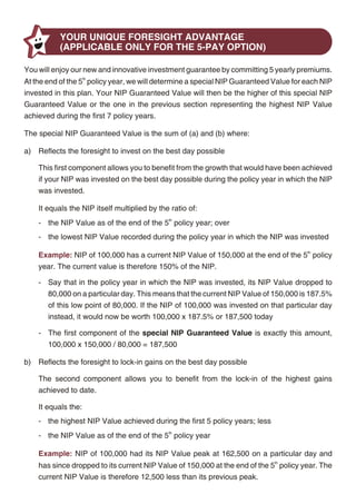 - The second component of the special NIP Guaranteed Value adds back this amount,
           YOUR UNIQUE FORESIGHT ADVANTAGE                                                                    162,500 - 150,000 = 12,500
           (APPLICABLE ONLY FOR THE 5-PAY OPTION)
                                                                                                        Adding the two components gives a special NIP Guaranteed Value of
You will enjoy our new and innovative investment guarantee by committing 5 yearly premiums.             187,500 + 12,500 = 200,000.
At the end of the 5th policy year, we will determine a special NIP Guaranteed Value for each NIP
invested in this plan. Your NIP Guaranteed Value will then be the higher of this special NIP                     INVESTMENT FUNDS
Guaranteed Value or the one in the previous section representing the highest NIP Value
achieved during the first 7 policy years.                                                          The portfolio of different investment funds is given below:

The special NIP Guaranteed Value is the sum of (a) and (b) where:                                   Investment      Risk            Segregated Fund
                                                                                                                                                               Asset Allocation*                           Min.   Max.
                                                                                                    Fund           Profile        Identification Number
a) Reflects the foresight to invest on the best day possible
                                                                                                    Income          Very                                       Debt Instruments, Money Market & Cash       100% 100%
                                                                                                                             ULIF01507/08/08BSLIINCADV109
    This first component allows you to benefit from the growth that would have been achieved        Advantage       Low                                        Equities & Equity Related Securities         0%   0%

    if your NIP was invested on the best day possible during the policy year in which the NIP       Assure
                                                                                                                    Very
                                                                                                                             ULIF01008/07/05BSLIASSURE109
                                                                                                                                                               Debt Instruments, Money Market & Cash       100% 100%
                                                                                                                    Low                                        Equities & Equity Related Securities         0%   0%
    was invested.
                                                                                                                                                               Debt Instruments, Money Market & Cash       90%    100%
                                                                                                    Protector       Low      ULIF00313/03/01BSLPROTECT109
    It equals the NIP itself multiplied by the ratio of:                                                                                                       Equities & Equity Related Securities        0%     10%

    - the NIP Value as of the end of the 5th policy year; over                                      Builder         Low      ULIF00113/03/01BSLBUILDER109
                                                                                                                                                               Debt Instruments, Money Market & Cash       80%    90%
                                                                                                                                                               Equities & Equity Related Securities        10%    20%
    - the lowest NIP Value recorded during the policy year in which the NIP was invested
                                                                                                                                                               Debt Instruments, Money Market & Cash       65%    80%
                                                                                                    Enhancer       Medium ULIF00213/03/01BSLENHANCE109
                                                                                        th                                                                     Equities & Equity Related Securities        20%    35%
    Example: NIP of 100,000 has a current NIP Value of 150,000 at the end of the 5 policy
                                                                                                                                                               Debt Instruments, Money Market & Cash       50%    70%
    year. The current value is therefore 150% of the NIP.                                           Creator        Medium ULIF00704/02/04BSLCREATOR109
                                                                                                                                                               Equities & Equity Related Securities        30%    50%
    - Say that in the policy year in which the NIP was invested, its NIP Value dropped to                                                                      Debt Instruments, Money Market & Cash       10%    50%
                                                                                                    Magnifier       High     ULIF00826/06/04BSLIIMAGNI109
       80,000 on a particular day. This means that the current NIP Value of 150,000 is 187.5%                                                                  Equities & Equity Related Securities        50%    90%

       of this low point of 80,000. If the NIP of 100,000 was invested on that particular day                                                                  Debt Instruments, Money Market & Cash        0%     20%
                                                                                                    Maximiser       High     ULIF01101/06/07BSLIINMAXI109
       instead, it would now be worth 100,000 x 187.5% or 187,500 today                                                                                        Equities & Equity Related Securities        80%    100%

                                                                                                                                                               Debt Instruments, Money Market & Cash        0%     20%
    - The first component of the special NIP Guaranteed Value is exactly this amount,               Multiplier      High     ULIF01217/10/07BSLINMULTI109
                                                                                                                                                               Equities & Equity Related Securities        80%    100%
       100,000 x 150,000 / 80,000 = 187,500
                                                                                                                                                               Debt Instruments, Money Market & Cash        0%     20%
                                                                                                    Super 20        High     ULIF01723/06/09BSLSUPER20109
                                                                                                                                                               Equities & Equity Related Securities        80%    100%
b) Reflects the foresight to lock-in gains on the best day possible
                                                                                                    Foresight 5P             ULIF02510/02/11BSLFSIT5P1109      Debt Instruments (short term & long term)   0%     100%
                                                                                                                    High
    The second component allows you to benefit from the lock-in of the highest gains                Foresight SP             ULIF02610/02/11BSLFSITSP1109      Equities & Equity Related Securities        0%     100%

    achieved to date.
                                                                                                   * In each Investment Fund except Foresight 5P and Foresight SP, the Short Term Debt Instruments (Money
    It equals the:                                                                                 Market, Mutual Fund & Cash) asset allocation will not exceed 40%.

    - the highest NIP Value achieved during the first 5 policy years; less                         Money Market Instruments are debt instruments of less than one year maturity. It includes collateralised borrowing
                                                                                                   & lending obligation, certificate of deposits, commercial papers etc. Investment in Money Market Instrument
                                              th
    - the NIP Value as of the end of the 5 policy year                                             supports for better liquidity management.

    Example: NIP of 100,000 had its NIP Value peak at 162,500 on a particular day and
    has since dropped to its current NIP Value of 150,000 at the end of the 5th policy year. The
    current NIP Value is therefore 12,500 less than its previous peak.




                                                    8                                                                                                     9
 
