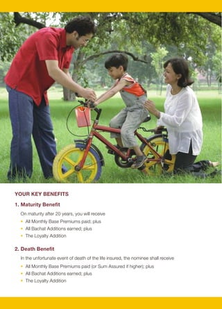 The Sum Assured depends on the Entry Age as follows:
                                                                                         Entry Age                          0 to 40               41 to 50                51 to 60
                                                                                         Sum Assured                       180 x MBP             120 x MBP            60 x MBP

                                                                                     3. Accidental Death Benefit Rider
                                                                                       You have an option to increase the Sum Assured in case the life insured dies accidentally.

                                                                                         Age at Entry                            18 - 50 years
                                                                                         Rider Term                              20 years
                                                                                         Rider Premium                           1.2% x Monthly Base Premium
                                                                                         Rider Sum Assured                       180 x MBP for Entry Age 18 to 40
                                                                                                                                 120 x MBP for Entry Age 41 to 50

                                                                                     4. Surrender Benefit
                                                                                       Once 36 MBPs have been paid, you may surrender your policy and receive
                                                                                       • All Monthly Base Premiums paid from the 2nd year onwards x the surrender factor below; plus
                                                                                       • After the 10th policy year, all Bachat Additions earned; plus
                                                                                       • After the 15th policy year, the Loyalty Addition

                                                                                       The surrender factor is 100% after completing 10 policy years, otherwise it is -

                                                                                         Policy Year of Surrender      3        4         5       6      7      8           9        10+
                                                                                         Surrender Factor             30%     40%      50%       60%   70%     80%        90%    100%


YOUR KEY BENEFITS                                                                    ILLUSTRATION of BENEFITS

1. Maturity Benefit                                                                  The table below illustrates the benefits of the BSLI Bachat (Endowment) Plan. This has been
                                                                                     illustrated assuming premiums are paid annually, and factoring the 4% premium rebate.
  On maturity after 20 years, you will receive
                                                                                     To understand the Surrender Benefits, you may evaluate them as a percentage of the premiums
  • All Monthly Base Premiums paid; plus
                                                                                     paid. The illustration shows that the Surrender Benefits are 122%, 151% and 188% of premiums
  • All Bachat Additions earned; plus
                                                                                     after 10, 15 and 20 years, respectively for Band I.
  • The Loyalty Addition
                                                                                     Alternatively, you may determine an 'equivalent' Bachat Addition Rate thereby combining the
2. Death Benefit                                                                     effect of the Bachat Addition and Loyalty Addition. For Band I, the combined effect of the
                                                                                     Bachat Addition and Loyalty Addition amounts to a Surrender Benefit of Rs. 216,075 after 20 years
  In the unfortunate event of death of the life insured, the nominee shall receive
                                                                                     and this is the same as applying an 8.34% 'equivalent' Bachat Addition Rate on the premiums
  • All Monthly Base Premiums paid (or Sum Assured if higher); plus                  paid to date in each of the 20 years. Using this method, the Surrender Benefits correspond to an
  • All Bachat Additions earned; plus                                                'equivalent' Bachat Addition Rate of 4.07%, 6.42% and 8.34% after 10, 15, 20 years, respectively.
  • The Loyalty Addition




                                                 4                                                                                    5
 