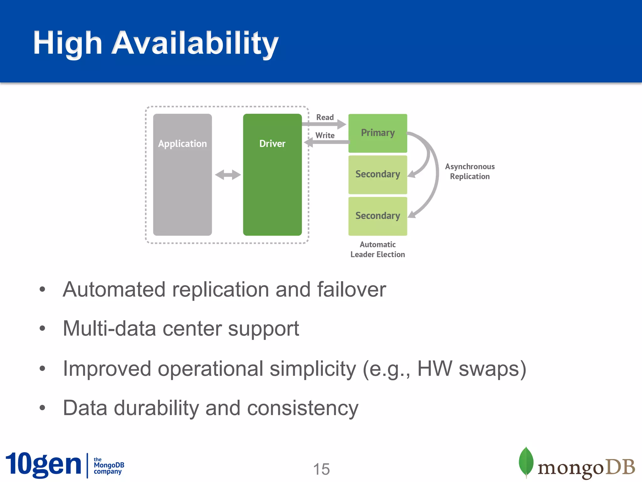 High Availability




•  Automated replication and failover
•  Multi-data center support
•  Improved operational simplicity (e.g., HW swaps)
•  Data durability and consistency

                               15
 