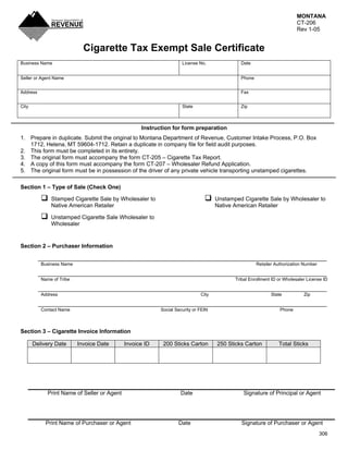 MONTANA
                                                                                                                         CT-206
                                                                                                                         Rev 1-05


                            Cigarette Tax Exempt Sale Certificate
Business Name                                                       License No.              Date


Seller or Agent Name                                                                         Phone


Address                                                                                      Fax


City                                                                State                    Zip



                                                   Instruction for form preparation
1. Prepare in duplicate. Submit the original to Montana Department of Revenue, Customer Intake Process, P.O. Box
   1712, Helena, MT 59604-1712. Retain a duplicate in company file for field audit purposes.
2. This form must be completed in its entirety.
3. The original form must accompany the form CT-205 – Cigarette Tax Report.
4. A copy of this form must accompany the form CT-207 – Wholesaler Refund Application.
5. The original form must be in possession of the driver of any private vehicle transporting unstamped cigarettes.

Section 1 – Type of Sale (Check One)

              Stamped Cigarette Sale by Wholesaler to                               Unstamped Cigarette Sale by Wholesaler to
              Native American Retailer                                              Native American Retailer

              Unstamped Cigarette Sale Wholesaler to
              Wholesaler


Section 2 – Purchaser Information

          ___________________________________________________________________________________________
          Business Name                                                                              Retailer Authorization Number

          ___________________________________________________________________________________________
          Name of Tribe                                                                    Tribal Enrollment ID or Wholesaler License ID

          ___________________________________________________________________________________________
          Address                                                            City                           State           Zip

          ___________________________________________________________________________________________
          Contact Name                                    Social Security or FEIN                               Phone



Section 3 – Cigarette Invoice Information

       Delivery Date      Invoice Date       Invoice ID    200 Sticks Carton        250 Sticks Carton           Total Sticks




             Print Name of Seller or Agent                         Date                        Signature of Principal or Agent




            Print Name of Purchaser or Agent                      Date                        Signature of Purchaser or Agent
                                                                                                                                     306
 