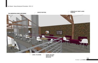 Hub Oakland : Design Development Presentation : 03.01.13



                                                                                                      HERMAN MILLER ‘SWOOP’ LOUNGE
                                                                 DRAPERY PARTITIONS                   FURNITURE
 COLLABORATION LOUNGE (MEZZANINE)




                                                      COFFEE / TEA STATION        SEATING WITH OPEN
                                                                                  VIEW TO HOT DESK
                                                                                  AREA BELOW
                                                                                                                                                10
                                                                                                               Hub Oakland + gardnerDESIGNlab
 