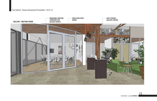 Hub Oakland : Design Development Presentation : 03.01.13



                                                   REMOVABLE MEETING   OVER-SIZED PIVOT   HOST STATION /
                                                   FURNITURE FOR       DOORS              GALLERY STATION
 GALLERY / MEETING ROOM                            GALLERY EVENTS




                                                                                                                                             13
                                                                                                            Hub Oakland + gardnerDESIGNlab
 