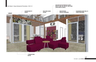 OAKLAND AND SAN FRANCISCO CLOCKS -
Hub Oakland : Design Development Presentation : 03.01.13                         ONE SET 5 MIN. LATE, ONE SET 5 MIN. EARLY
                                                                                 (GUESS WHICH IS WHICH)



                                      CUSTOM GRAFFITTI        FREE FORM LOUNGE            NOOK FOR BOOK                            CHALKBOARD ACCENT WALL IN
                                      HEADER                  SEATING                     SHELVES & MAGAZINES                      PHONE/TEAM ROOMS
 LIBRARY




                                             1-PERSON PHONE
                                             BOOTHS

                                                                                                                                                              17
                                                                                                                             Hub Oakland + gardnerDESIGNlab
 
