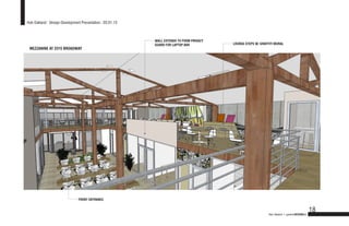 Hub Oakland : Design Development Presentation : 03.01.13



                                                           WALL EXTENDS TO FORM PRIVACY
                                                           GUARD FOR LAPTOP BAR           LOUNGE STEPS W/ GRAFFITI MURAL
 MEZZANINE AT 2315 BROADWAY




                               FRONT ENTRANCE


                                                                                                                                                18
                                                                                                               Hub Oakland + gardnerDESIGNlab
 