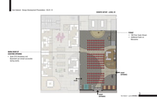 Hub Oakland : Design Development Presentation : 03.01.13
                                                                       EVENTS SETUP - LEVEL 01




                                                                                                             ‘STAGE’
                                                                                                              •	 180 Floor Seats Shown
                                                                                                              •	 Additional Seats on
                                                                                                                 Mezzanine




BARN DOOR AT
EXISTING OPENING
•	 Quiet 2315 Broadway and
   Basement can remain accessible
   during events




                                                                                                 EVENT
                                                                                                 ENTRANCE


                                                                FLOW




                                                                         EVENT                                                    3
                                                                                                 Hub Oakland + gardnerDESIGNlab
                                                                         ENTRANCE
 