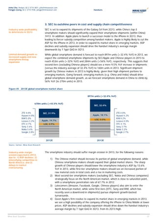 Jinho Cho, Analyst, 82 2 3774 3831, jcho@miraeasset.com
Yongjei Jeong, 82 2 3774 1938, yongjei@miraeasset.com                                  Handsets




                                           3. SEC to outshine peers in cost and supply chain competitiveness
 Industry-wide profitability               SEC is set to expand its shipments of the Galaxy S4 from 2Q13, while China’s top-3
 to deteriorate in 3Q13                    smartphone makers should significantly expand their smartphone shipments (within China)
                                           1H13. In addition, Apple plans to launch a successor model to the iPhone in 3Q13, thus
                                           leading to fiercer subsidy competition among handset makers. Apple is highly likely to cut the
                                           ASP for the iPhone in 2013, in order to expand its market share in emerging markets. ASP
                                           declines and subsidy expansion should drive the handset industry’s average margin
                                           downwards by 7.1ppt QoQ in 3Q13.
 Limited demand growth vs.                 While global smartphone demand is forecast to reach 897m units (+32.4% YoY) in 2013, we
 increased supply and new
                                           expect the combined smartphone shipments by SEC/Apple and Chinese players in 2013 to
 smartphone lineup
 expansion                                 reach 453m units (+32% YoY) and 284m units (+56% YoY), respectively. This suggests that
                                           second-tiers (excluding Chinese players) should see a mere 9.5% YoY increase in shipments
                                           (versus the industry average of 32.4% YoY) to 160m units in 2013. Significant shipment
                                           growth by Chinese makers in 2013 is highly likely, given their high shipment portions to
                                           emerging markets. Going forward, emerging markets (e.g. China and India) should drive
                                           global smartphone demand growth, as we forecast smartphone demand in China to climb by
                                           56% YoY (to 270m units) in 2013.

 Figure 45 2013E global smartphone market share


                                                                                 897m units (+32.4% YoY)


                               678m units (+43.3% YoY)
                                                                                       SEC, 32.4%


                 ZTE 4.0%                SEC, 31.9%                                                        ZTE 4.0%
                 Huawei 4.0%                                                          Apple, 18.1%         Huawei 4.2%
                 RIM 5.0%                                                                                  RIM 4.2%
                                         Apple, 19.7%                                   LGE, 5.0%
                 Lenovo 3.2%                                                                               Lenovo 4.0%
                 HTC 4.7%                 LGE, 3.9%                                                        HTC 4.1%
                 Sony 3.6%                                                                                 Sony 3.7%
                 Nokia 5.6%                                                                                Nokia 3.2%
                 Google 2.8%                                                                               Google 2.7%


                                            2012E                                         2013E

 Source: Gartner, Mirae Asset Research



 Industry-wide margin                      The smartphone industry should suffer margin erosion in 2H13, for the following reasons:
 erosion expected in 2H13,
 due to: 1) ASP declines; 2)
 intensifying competition in                   1) The Chinese market should increase its portion of global smartphone demand, while
 North America; and 3)                            Chinese smartphone makers should expand their global market shares. The sharp
 delays in market                                 growth of Chinese players should lower the smartphone industry’s ASP by 13.6%
 restructuring
                                                  YoY in 2013, while first-tier smartphone makers should see an increased portion of
                                                  raw material costs in total costs and a rise in marketing costs.
                                               2) Most second-tier smartphone makers (excluding SEC, Nokia and Chinese companies)
                                                  strategically focus on the North American market, which is close to saturation point,
                                                  with a smartphone penetration rate of 67.7% in 2012.
                                               3) Latecomers (Amazon, Facebook, Google, Chinese players) also aim to enter the
                                                  North American market, while some first-tiers (HTC, Sony and RIM, which has
                                                  recently seen a downtrend in shipments) pursue shipment growth-backed
                                                  turnarounds.
                                               4) Given Apple’s firm resolve to expand its market share in emerging markets in 2013,
                                                  we see a high possibility of the company offering the iPhone to China Mobile at lower
                                                  prices. ASP declines and subsidy expansion should drive down the handset industry’s
                                                  average margin by 7.1ppt QoQ in 3Q13, from its 2Q13 high.

                                                                                                                                      22
                                                                                                                                       22
Mirae Asset Securities
 