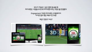 모두가 카달로그 같은 앱에 열 올릴 때
하이네켄은 사람들과 축구와 하이네켄이라는 브랜드를 연결했다

    Engagement 가득한 하이네켄 스타플레이어
         아이폰 앱의 평균 체류시간 56분

           게임? 컨텐츠? 비르?
 