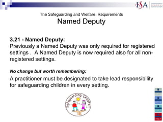 The Safeguarding and Welfare Requirements
                    Named Deputy

3.21 - Named Deputy:
Previously a Named Deputy was only required for registered
settings . A Named Deputy is now required also for all non-
registered settings.

No change but worth remembering:
A practitioner must be designated to take lead responsibility
for safeguarding children in every setting.
 