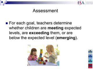 Assessment

   For each goal, teachers determine
    whether children are meeting expected
    levels, are exceeding them, or are
    below the expected level (emerging).
 