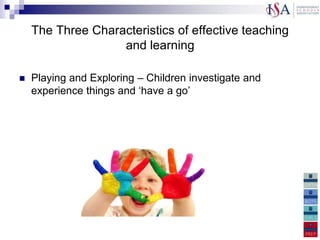 The Three Characteristics of effective teaching
                   and learning

  Playing and Exploring – Children investigate and
   experience things and „have a go‟
Active learning – Children concentrate and keep on
trying if they encounter difficulties, and enjoy
achievements
Creating and thinking critically – Children have and
develop their own ideas, make links between ideas, and
develop strategies for doing things
 