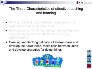 The Three Characteristics of effective teaching
                   and learning

   Playing and Exploring – Children investigate and
    experience things and „have a go‟
   Active learning – Children concentrate and keep on
    trying if they encounter difficulties, and enjoy
    achievements
   Creating and thinking critically – Children have and
    develop their own ideas, make links between ideas,
    and develop strategies for doing things
 