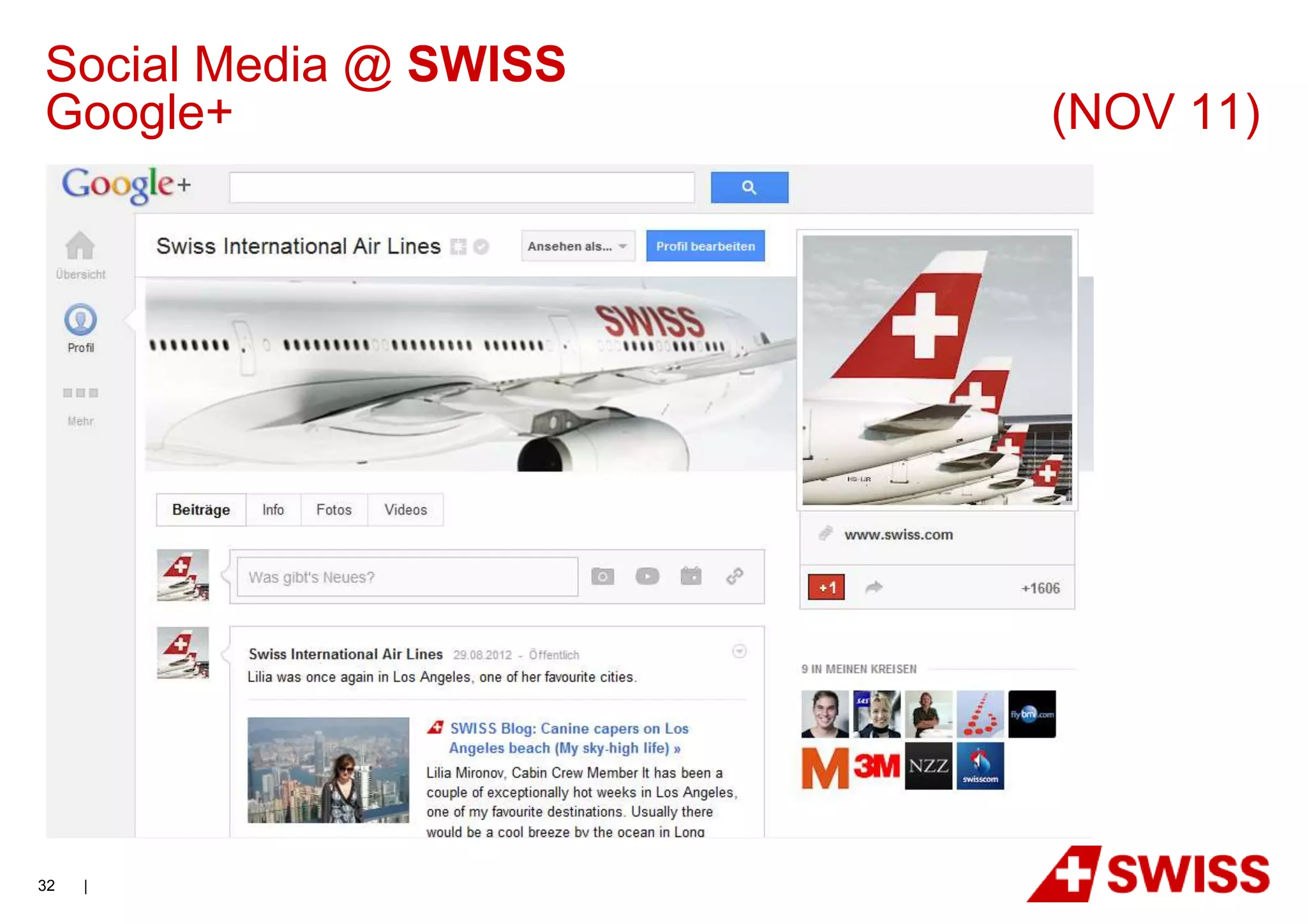 Social Media @ SWISS
Google+                (NOV 11)




32   |
 