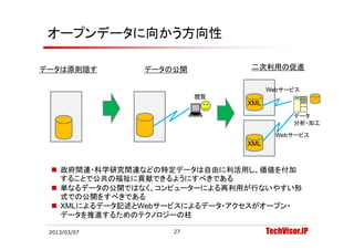 オープンデータに向かう方向性

データは原則隠す
デ タは原則隠す       データの公開
               デ タの公開          二次利用の促進

                                    Webサービス
                        閲覧
                              XML
                                           データ
                                           分析 加
                                           分析・加工

                                      Webサービス
                              XML


  政府間連・科学研究間連などの特定データは自由に利活用し、価値を付加
   す
   することで公共の福祉に貢献できるようにすべきである
            福祉 貢献     う す   あ
  単なるデータの公開ではなく、コンピューターによる再利用が行ないやすい形
   式での公開をすべきである
  XMLによるデータ記述とWebサービスによるデータ・アクセスがオープン・
   データを推進するためのテクノロジーの柱

 2013/03/07        27               TechVisor.JP
 