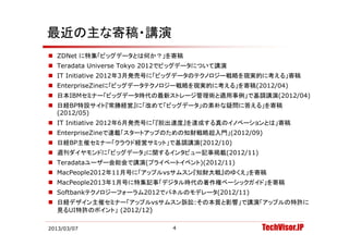 最近の主な寄稿・講演
 ZDNet に特集「ビッグデータとは何か？」を寄稿
 Teradata Universe Tokyo 2012でビッグデータについて講演
                          2012でビッグデ タについて講演
 IT Initiative 2012年3月発売号に「ビッグデータのテクノロジー戦略を現実的に考える」寄稿
 EnterpriseZineに「ビッグデータテクノロジー戦略を現実的に考える」を寄稿(2012/04)
 日本IBMセミナ 「ビッグデ タ時代の最新ストレ ジ管理術と適用事例」で基調講演(2012/04)
  日本IBMセミナー「ビッグデータ時代の最新ストレージ管理術と適用事例」で基調講演(2012/04)
 日経BP特設サイト『常勝経営』に「改めて「ビッグデータ」の素朴な疑問に答える」を寄稿
  (2012/05)
 IT Initiative 2012年6月発売号に「『脱出速度』を達成する真のイノベーションとは」寄稿
 EnterpriseZineで連載「スタートアップのための知財戦略超入門」(2012/09)
 日経BP主催セミナー「クラウド経営サミット」で基調講演(2012/10)
 週刊ダイヤモンドに「ビ グデ タ に関するインタビ
  週刊ダイヤモンドに「ビッグデータ」に関するインタビュー記事掲載(2012/11)
                             記事掲載(2012/11)
 Teradataユーザー会総会で講演(プライベートイベント)(2012/11)
 MacPeople2012年11月号に「アップルvsサムスン『知財大戦』のゆくえ」を寄稿
 MacPeople2013年1月号に特集記事「デジタル時代の著作権ベーシックガイド」を寄稿
 Softbankテクノロジーフォーラム2012でパネルのモデレータ(2012/11)
 日経デザイン主催セミナー「アップルvsサムスン訴訟:その本質と影響」で講演「アップルの特許に
  見るUI特許のポイント」 (2012/12)

2013/03/07                    4                TechVisor.JP
 