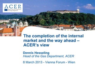 The completion of the internal
market and the way ahead –
ACER’s view
Dennis Hesseling
Head of the Gas Department, ACER
8 March 2013 - Vienna Forum - Wien
 