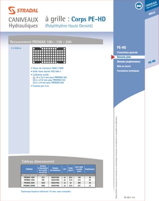 Édition03/2013.Documentnoncontractuel.Lescaractéristiquesmentionnéessontindicativesetsusceptiblesdemodifications.
grille
PE-HD
caniveaux
sous circulation
à grille : Corps PE-HD
(Polyéthylène Haute Densité)
caniveaux
Hydrauliques
PE-HD 119
	 PE-HD
	 Présentation générale
	 Éléments plats
	 Élémentscomplémentaires
	 Mise en œuvre
	 Formulaires techniques
• L 0.50 m
Recouvrement Promax 100 - 150 - 200
Caniveaux hauteur intérieure 75 mm, nous consulter.
• Classe de résistance E600 / F900
• Grille fonte ductile FGS 500-7
• Caillebotis maille :
18 x 22,5 mm pour Promax 100
22,5 x 27,6 mm pour Promax 150
22,5 x 24 mm pour Promax 200
• Fixation par 4 vis
Promax
Surface
d’absorption
de la grille
en cm²/ml
Classes
de résistance
U/V
Poids
kg/ml
Sect. Hydr.
ss grille
(cm²)
Palettisation
Grille acier galvanisé « caillebotis »
PROMAX 100H 510 E600/F900 ml 20.9 140 35
PROMAX 150H 782 E600/F900 ml 27.9 215 25
PROMAX 200H 1004 E600/F900 ml 32 290 20
PROMAX 200HV 1004 E600/F900 ml 33.6 421 12
Tableau dimensionnel
 