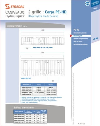 Édition03/2013.Documentnoncontractuel.Lescaractéristiquesmentionnéessontindicativesetsusceptiblesdemodifications.
grille
PE-HD
caniveaux
sous circulation
à grille : Corps PE-HD
(Polyéthylène Haute Densité)
caniveaux
Hydrauliques
PE-HD 125
	 PE-HD
	 Présentation générale
	 Éléments plats
	 Élémentscomplémentaires
	 Mise en œuvre
	 Formulaires techniques
URBAN PROFIL® suite
URBAN PROFIL®
Classes
de résistance
U/V
Poids
kg/ml
Sect. Hydr.
ss grille
(cm²)
URBAN PROFIL 100H A15 – C250 ml 8.6 140
URBAN PROFIL 150H A15 – C250 ml 11.7 215
URBAN PROFIL 200H A15 – C250 ml 14 290
URBAN PROFIL 200HV A15 – C250 ml 15.4 421
URBAN PROFIL 300 A15 – C250 ml 31,5 872
Tableau dimensionnel
Urban profil 100 - 150 - 200 - 200HV
Urban profil 300
• Option : fixation du profil sur le corps par 2 ou 4 vis, nous consulter
• Autre hauteur de profils, autre résistance, nous consulter
• Fente dissymétrique, autre largeur de fente, nous consulter
• Profils inox, nous consulter
URBAN PROFIL® D1(mm) D2 (mm)
URBAN PROFIL 100H 2 x Ø 110 1 x Ø 110
URBAN PROFIL 150H 2 x Ø 110 1 x Ø 110 – 1 x Ø 160
URBAN PROFIL 200H 2 x Ø 110 1 x Ø 110 – 1 x Ø 160
URBAN PROFIL 200HV 2 x Ø 160 – 2 x Ø 200 1 x Ø 160 – 1 x Ø 200
URBAN PROFIL 300 1 x Ø 200 – 1 x Ø 250
 