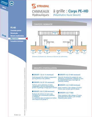 Édition03/2013.Documentnoncontractuel.Lescaractéristiquesmentionnéessontindicativesetsusceptiblesdemodifications.
grille
PE-HD
caniveaux
sous circulation
caniveaux
Hydrauliques
à grille : Corps PE-HD
(Polyéthylène Haute Densité)
PE-HD 132
	 PE-HD
	 Présentationgénérale
	 Élémentsplats
	 Élémentscomplémentaires
	 Mise en œuvre
	 Formulaires techniques
■ Groupe 1 (cl. A 15 minimum)
Zones pouvant être utilisées uniquement
par les piétons et les cyclistes.
■ Groupe 2 (cl. B 125 minimum)
Trottoirs, zones piétonnes et zones
comparables, aires de stationnement
privées et parkings à étages pour voitures.
■ Groupe 3 (cl. C 250 minimum)
Bordures de trottoirs et zones sans
circulation des accotements stabilisés
et similaires.
Les caniveaux dans la bordure de trottoir
sont toujours du groupe 3.
■ Groupe 4 (cl. D 400 minimum)
Voies de circulation (y compris les rues
piétonnes), accotements stabilisés et aires
de stationnement pour tous types de
véhicules routiers.
■ Groupe 5 (cl. E 600 minimum)
Zones soumises à des charges à l’essieu
élevées, par exemple ports et docks.
■ Groupe 6 (cl. F 900)
Zones soumises à des charges à l’essieu
particulièrement élevées, par exemple
chaussées pour avions.
contexte normatif
Groupes d’installation
Groupe 1
A 15
0,2m 0,2m
0,5m max. 0,5m max.
A 15B 125C 250D 400C 250B 125A 15
4 3 232 11
Groupe Groupe Groupe Groupe Groupe Groupe Groupe
Domaines d’utilisation des caniveaux en fonction des sollicitations.
 