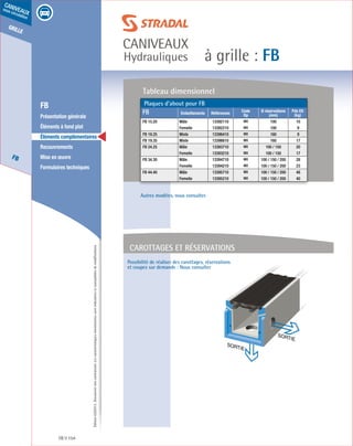 Édition03/2013.Documentnoncontractuel.Lescaractéristiquesmentionnéessontindicativesetsusceptiblesdemodifications.
grille
FB
caniveaux
sous circulation
à grille : FB
caniveaux
Hydrauliques
FB 154
	 FB
	 Présentation générale
	 Éléments à fond plat
	 Éléments complémentaires
	Recouvrements
	 Mise en œuvre
	 Formulaires techniques
Carottages et réservations
SORTIE
SORTIE
Possibilité de réaliser des carottages, réservations
et coupes sur demande : Nous consulter
Plaques d’about pour FB
FB Emboîtements Références
Code
Dp
Ø réservations
(mm)
Pds Elt
(kg)
FB 15.20 Mâle 13392110 MX 100 10
Femelle 13392210 MX 100 9
FB 19.25 Mixte 13396410 MX 160 9
FB 19.35 Mixte 13396610 MX 160 17
FB 24.25 Mâle 13393710 MX 100 / 150 20
Femelle 13393210 MX 100 / 150 17
FB 34.30 Mâle 13394710 MX 100 / 150 / 200 28
Femelle 13394210 MX 100 / 150 / 200 23
FB 44.40 Mâle 13395710 MX 100 / 150 / 200 48
Femelle 13395210 MX 100 / 150 / 200 40
Tableau dimensionnel
Autres modèles, nous consulter.
 