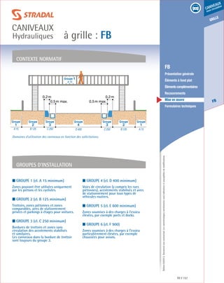 Édition03/2013.Documentnoncontractuel.Lescaractéristiquesmentionnéessontindicativesetsusceptiblesdemodifications.
grille
FB
caniveaux
sous circulation
à grille : FB
caniveaux
Hydrauliques
FB 157
	 FB
	 Présentation générale
	 Éléments à fond plat
	 Élémentscomplémentaires
	Recouvrements
	 Mise en œuvre
	 Formulaires techniques
■ Groupe 1 (cl. A 15 minimum)
Zones pouvant être utilisées uniquement
par les piétons et les cyclistes.
■ Groupe 2 (cl. B 125 minimum)
Trottoirs, zones piétonnes et zones
comparables, aires de stationnement
privées et parkings à étages pour voitures.
■ Groupe 3 (cl. C 250 minimum)
Bordures de trottoirs et zones sans
circulation des accotements stabilisés
et similaires.
Les caniveaux dans la bordure de trottoir
sont toujours du groupe 3.
■ Groupe 4 (cl. D 400 minimum)
Voies de circulation (y compris les rues
piétonnes), accotements stabilisés et aires
de stationnement pour tous types de
véhicules routiers.
■ Groupe 5 (cl. E 600 minimum)
Zones soumises à des charges à l’essieu
élevées, par exemple ports et docks.
■ Groupe 6 (cl. F 900)
Zones soumises à des charges à l’essieu
particulièrement élevées, par exemple
chaussées pour avions.
contexte normatif
Groupes d’installation
Groupe 1
A 15
0,2m 0,2m
0,5m max. 0,5m max.
A 15B 125C 250D 400C 250B 125A 15
4 3 232 11
Groupe Groupe Groupe Groupe Groupe Groupe Groupe
Domaines d’utilisation des caniveaux en fonction des sollicitations.
 