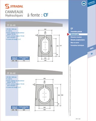 Édition03/2013.Documentnoncontractuel.Lescaractéristiquesmentionnéessontindicativesetsusceptiblesdemodifications.
CF
fente
caniveaux
sous circulation
à fente : CF
caniveaux
Hydrauliques
CF 167
	 CF
	 Présentationgénérale
	 Éléments plats
	 Éléments à bordure
	 Élémentscomplémentaires
	 Mise en œuvre
	 Formulaires techniques
• Ø 300 / 400 mm
• L 4,00 m
• Fente continue ou discontinue
largeur 30 mm
• Fente continue largeur 18 mm
nous consulter
• 4 ancres de levage 1,3 T
CF 20-40
CF 30-40
85
400 580
508
30
460
9
300
• Ø 200 / 400 mm
• L 4,00 m
• Fente continue ou discontinue
largeur 30 mm
• Fente continue largeur 18 mm
nous consulter
• 4 ancres de levage 1,3 T
85
400 577
396
30
350
6
200Classes de
résistance
Section hydraulique
en cm²
D400 - F900 714
Classes de
résistance
Section hydraulique
en cm²
D400 - F900 1007
 