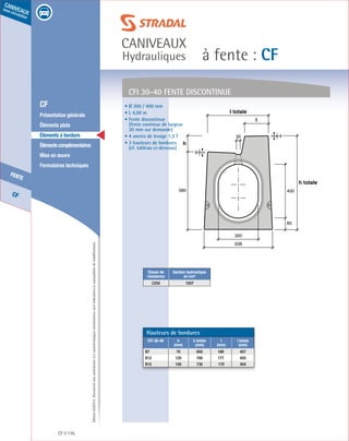 Édition03/2013.Documentnoncontractuel.Lescaractéristiquesmentionnéessontindicativesetsusceptiblesdemodifications.
CF
fente
caniveaux
sous circulation
à fente : CF
caniveaux
Hydrauliques
CF 176
	 CF
	 Présentation générale
	 Éléments plats
	 Éléments à bordure
	 Élémentscomplémentaires
	 Mise en œuvre
	 Formulaires techniques
CFI 30-40 FENTE DISCONTINUE
85
400
h totale
30
l totale
l
580
h
9
4
508
300
• Ø 300 / 400 mm
• L 4,00 m
• Fente discontinue
(fente continue de largeur
30 mm sur demande)
• 4 ancres de levage 1,3 T
• 3 hauteurs de bordures
(cf. tableau ci-dessous)
Hauteurs de bordures
CFI 30-40 h
(mm)
h totale
(mm)
l
(mm)
l totale
(mm)
B7 70 650 189 457
B12 120 700 177 455
B15 150 730 170 454
Classe de
résistance
Section hydraulique
en cm²
C250 1007
 
